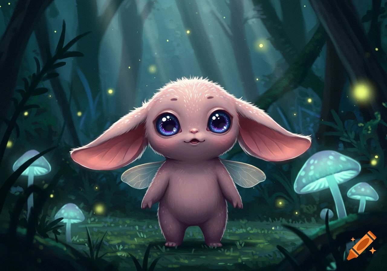 A cute, furry, pink creature with large blue eyes, big ears, and small wings stands in a dark forest with glowing mushrooms and fireflies.
