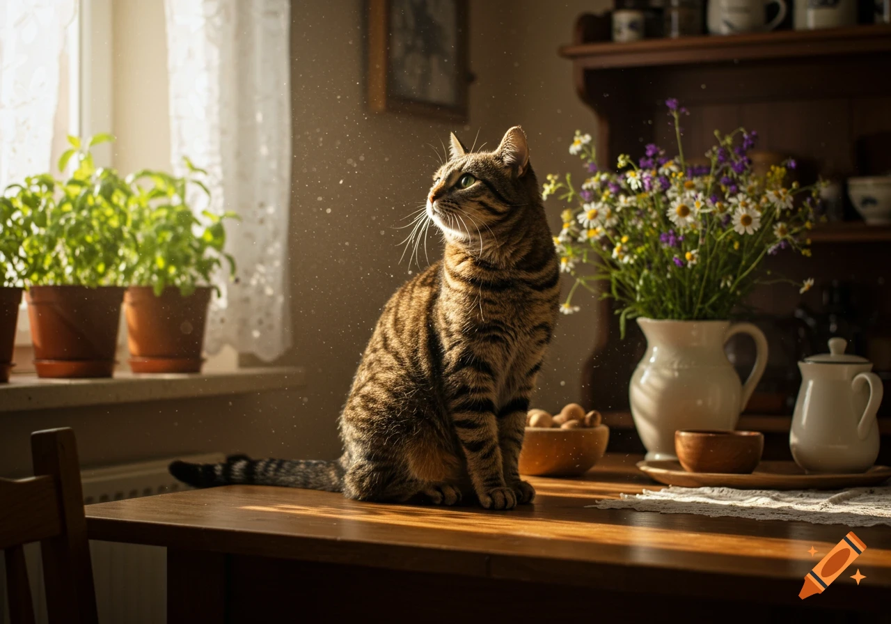 A photorealistic tabby cat sits on a sunlit wooden table, looking up, with plants and flowers in a cozy room.