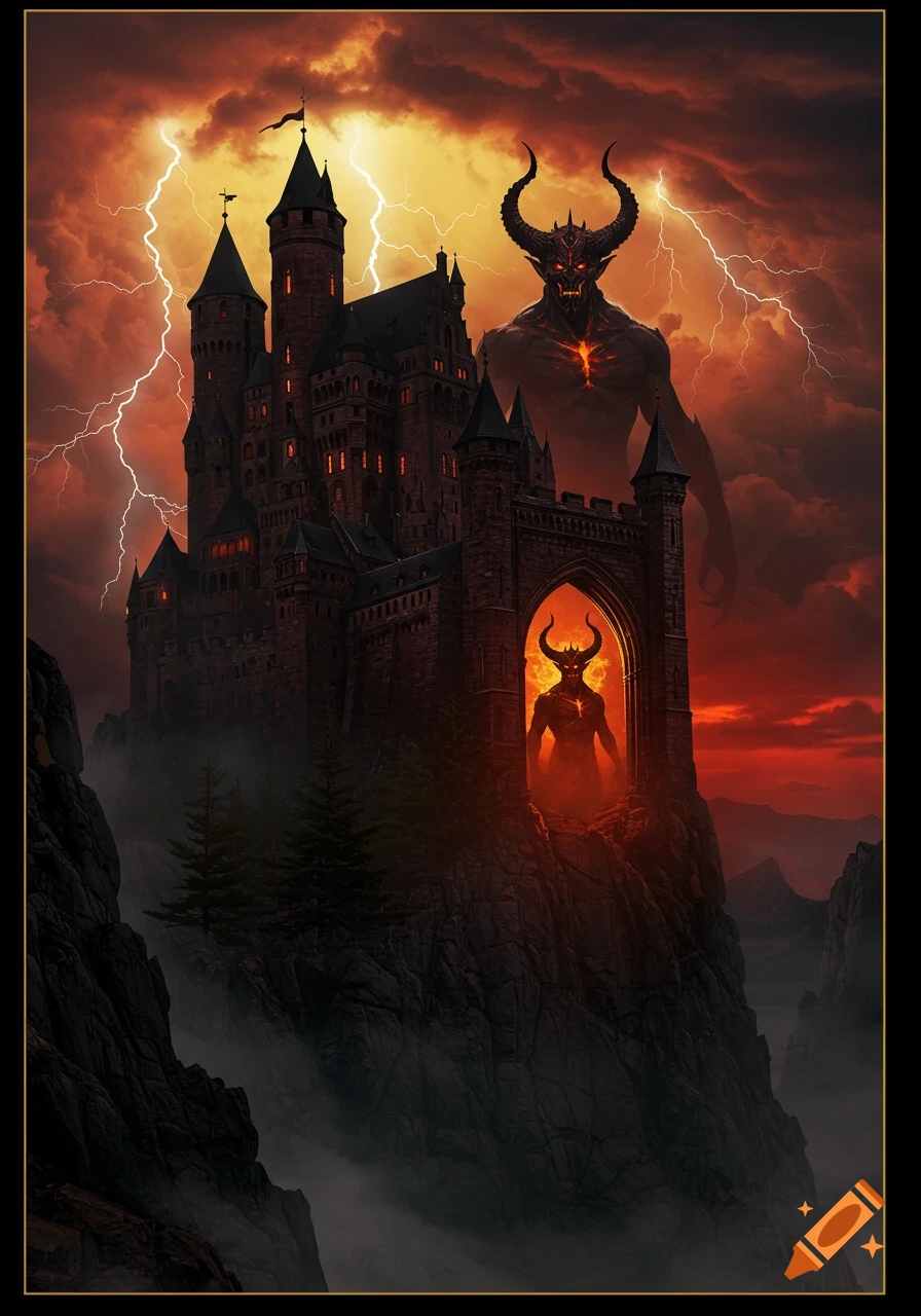 A dark gothic castle perched on a cliff under a stormy, lightning-filled orange sky, with two horned demons.