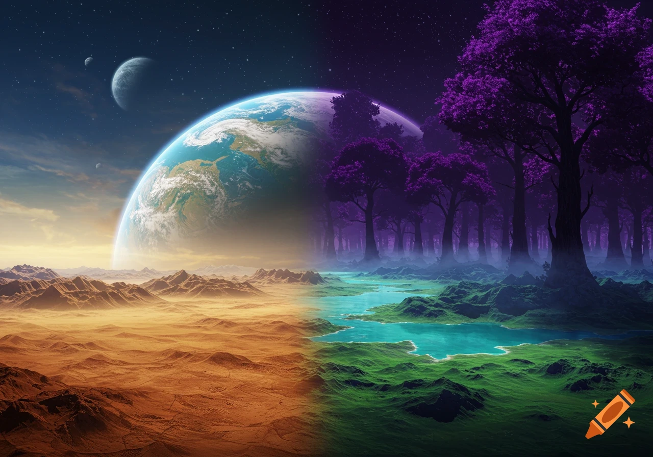 A fantastical alien planet with a split landscape: one half an orange desert, the other a vibrant purple forest with a river, under a starry sky.