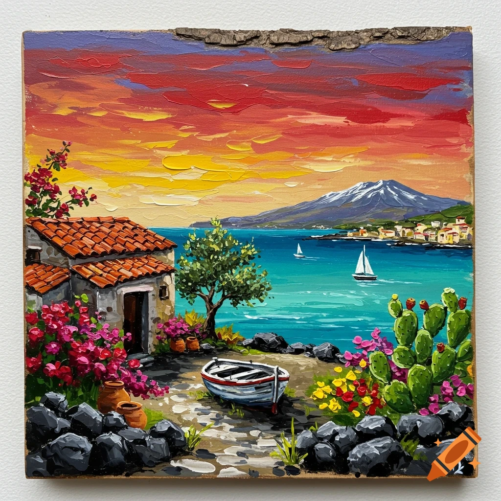 Vibrant impasto painting of a Sicilian coastal landscape with a rustic house, boat, blooming flowers, and Mount Etna under a colorful sunset.