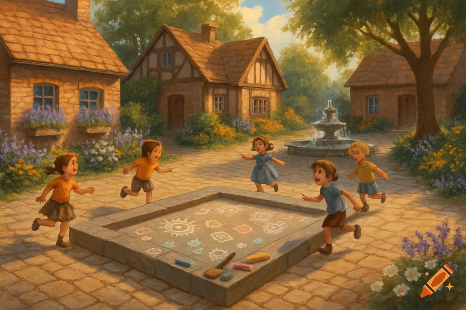 Five children play on a large chalk-drawn rectangle in a picturesque village square with quaint houses and a fountain, in a painterly style.