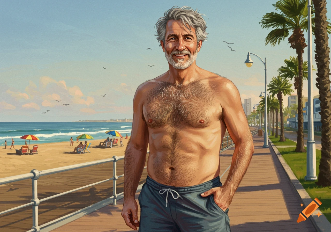 A smiling, shirtless, hairy man in shorts stands on a boardwalk next to a sunny beach with palm trees in a vibrant illustration.
