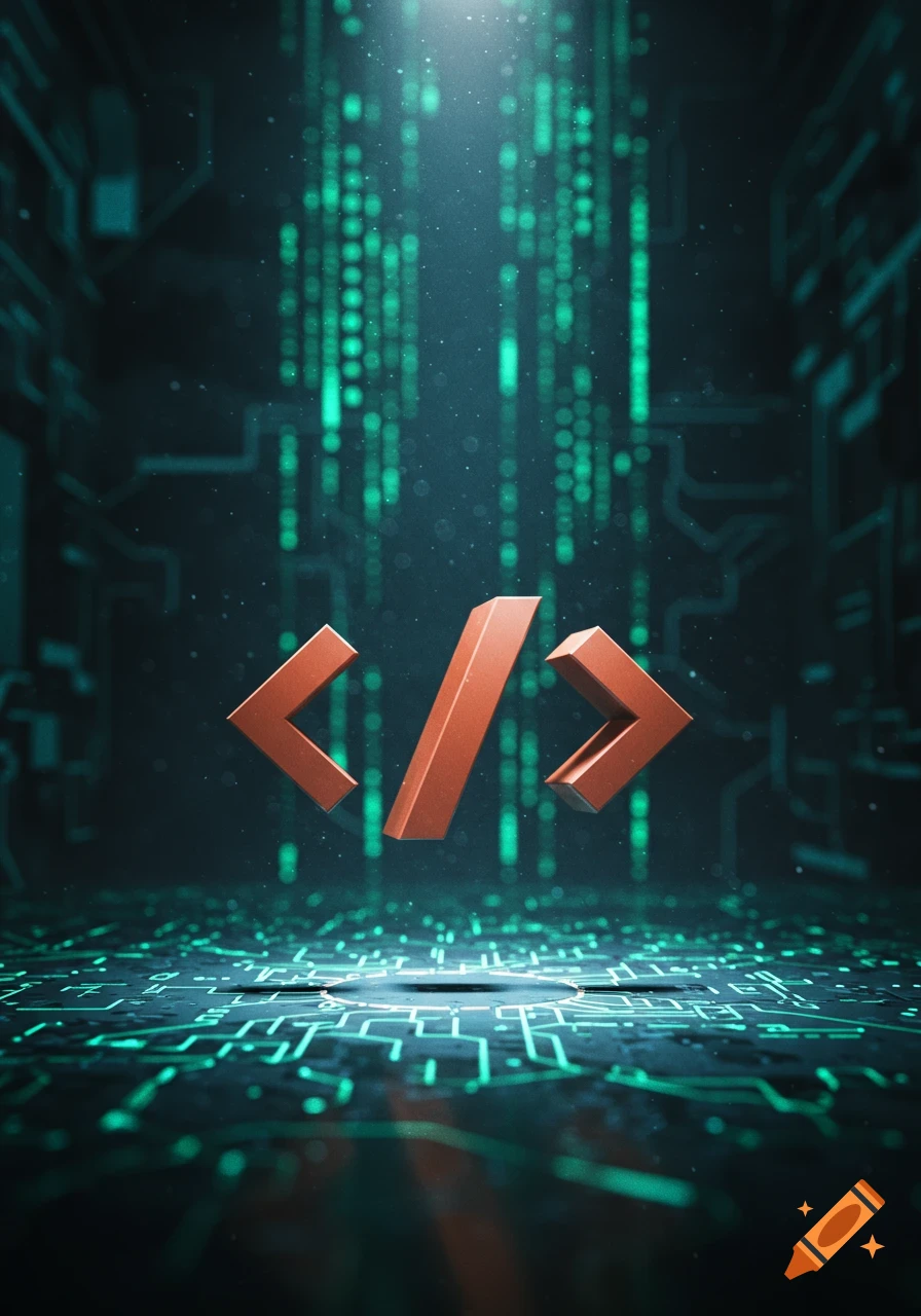 Glowing orange programming symbols </> over a dark, illuminated circuit board with green digital code and falling particles.