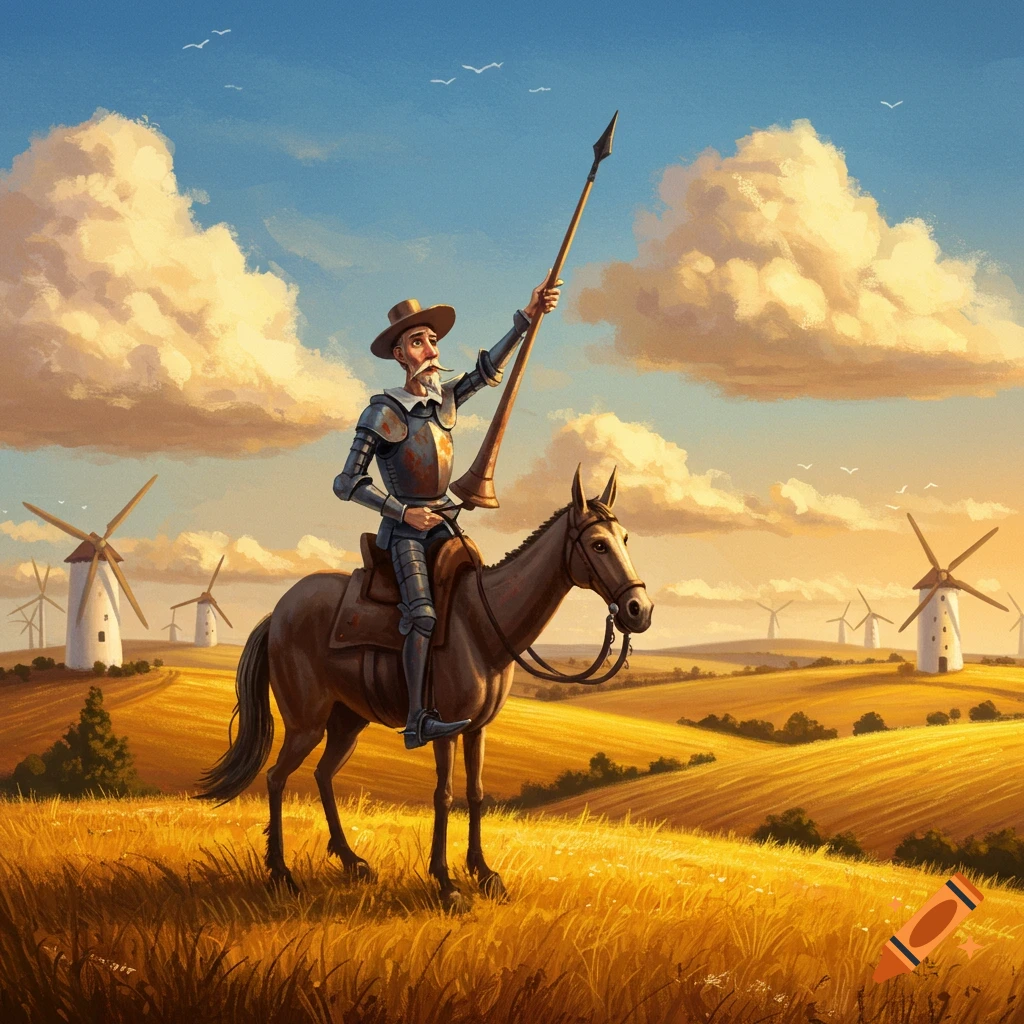 Don Quixote on horseback, raising a lance in a golden field with windmills under a cloudy sky, in an illustrative style.