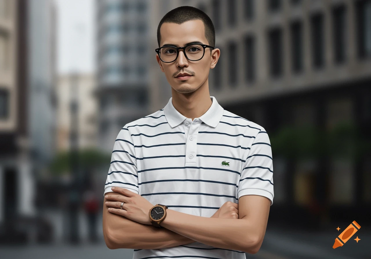A man with short hair, glasses, and a mustache wearing a striped polo shirt, watch, and ring, standing against a blurred city background.