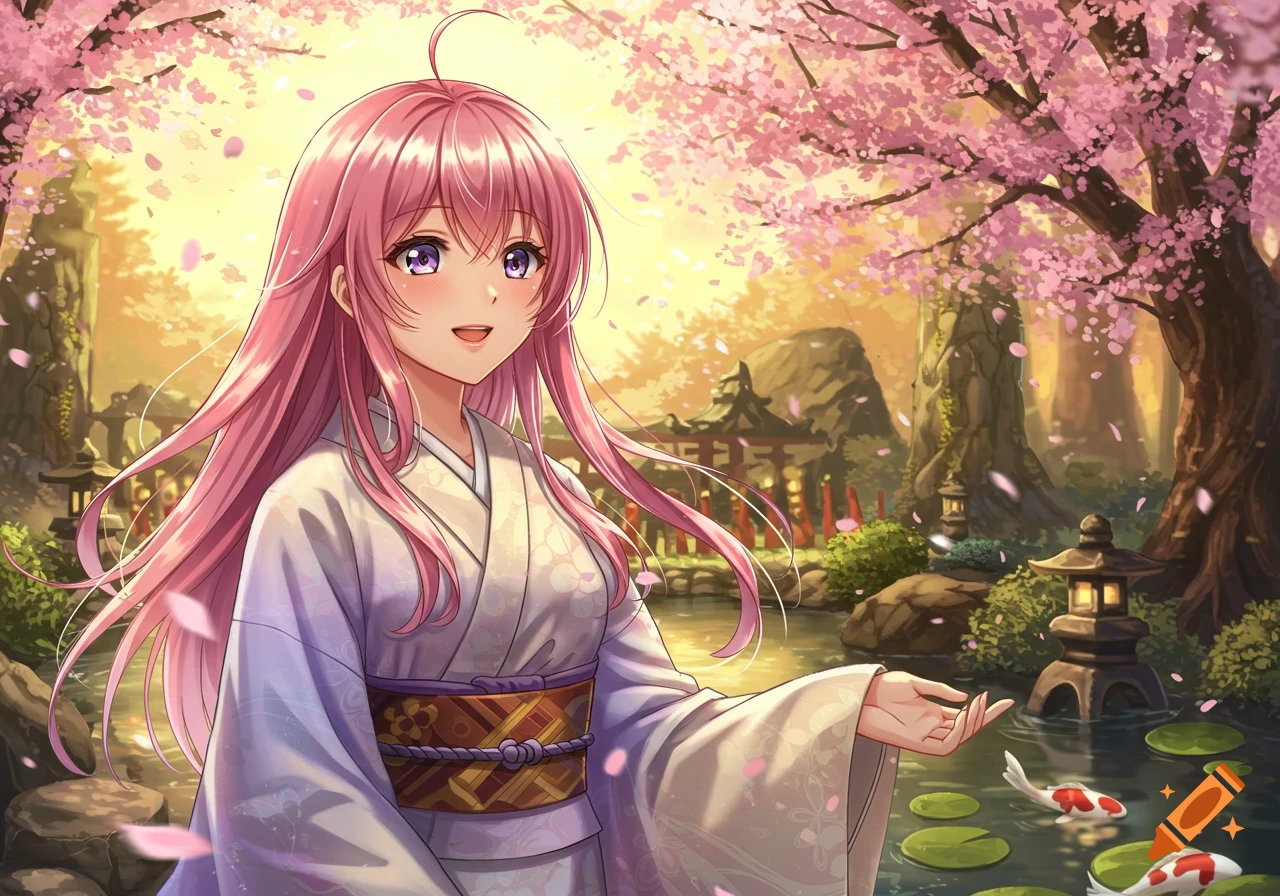 An anime girl with long pink hair and purple eyes wears a white kimono, standing in a cherry blossom garden by a pond with koi fish and traditional lanterns.
