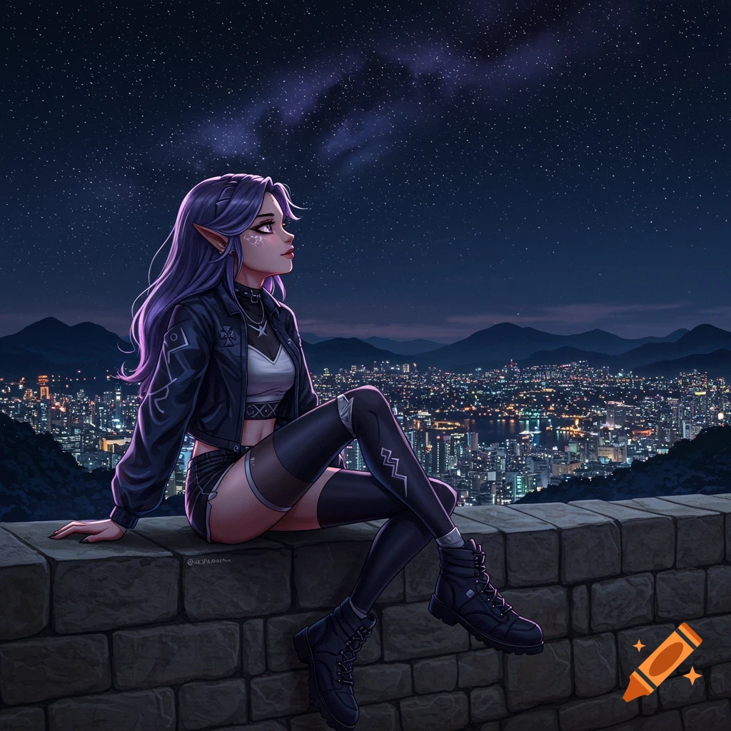 An anime-style character with long purple hair and pointed ears sits on a stone wall, looking out at a sparkling city at night under a starry sky.