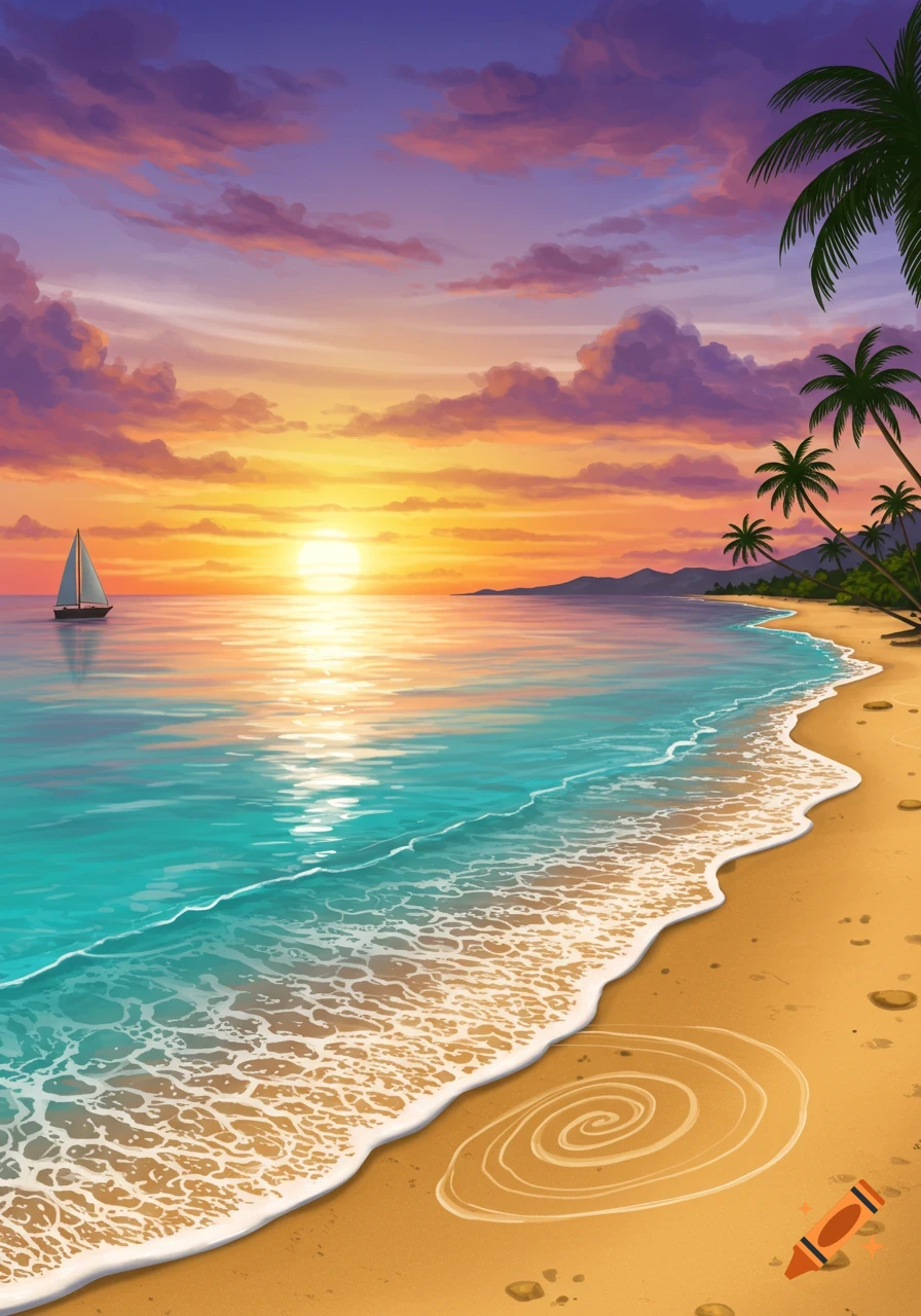 A vibrant illustration of a tropical beach at sunset with a sailboat on the calm turquoise water and palm trees on the shore.