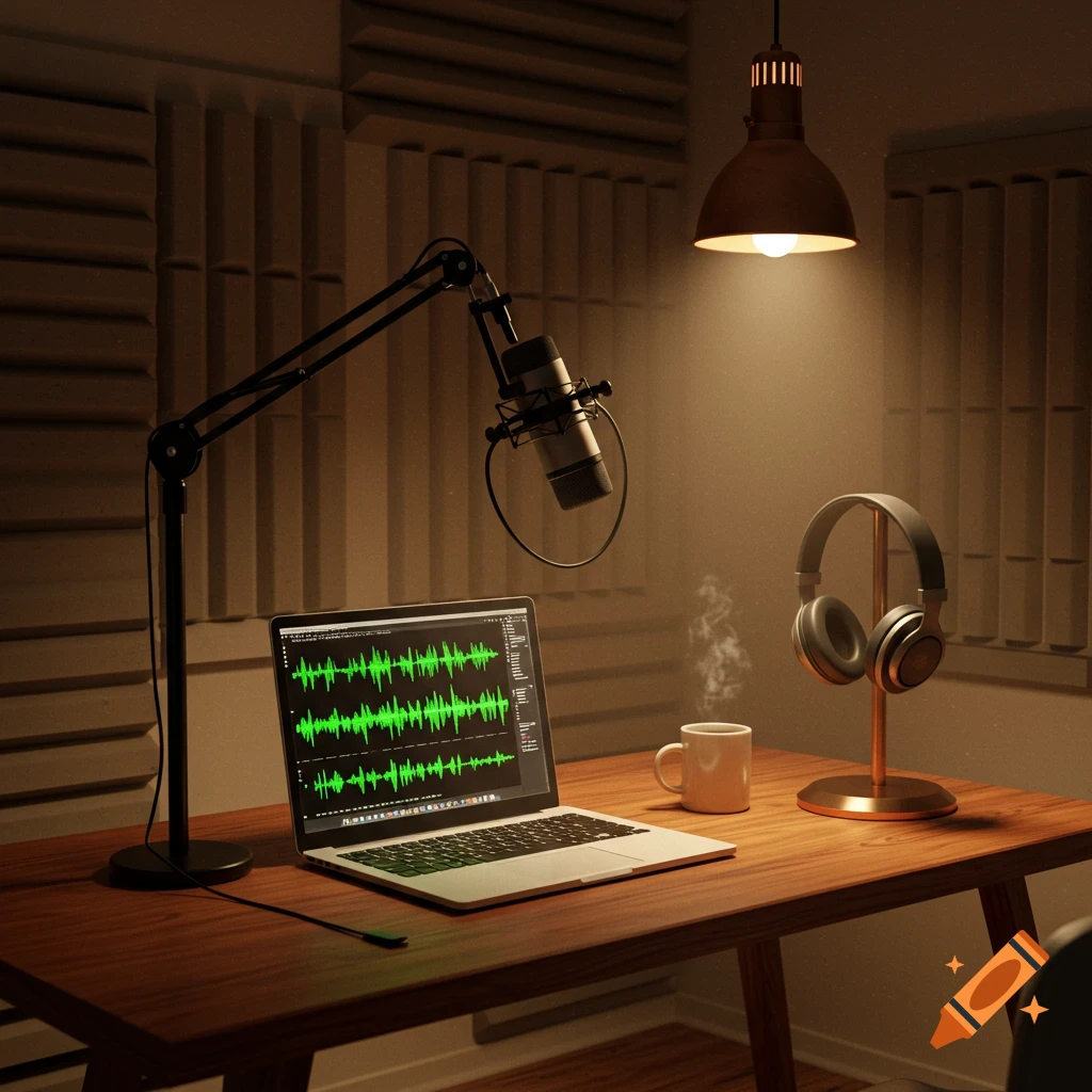 A cozy podcast studio with a microphone, laptop showing audio waveforms, headphones, and a steaming mug on a wooden desk.