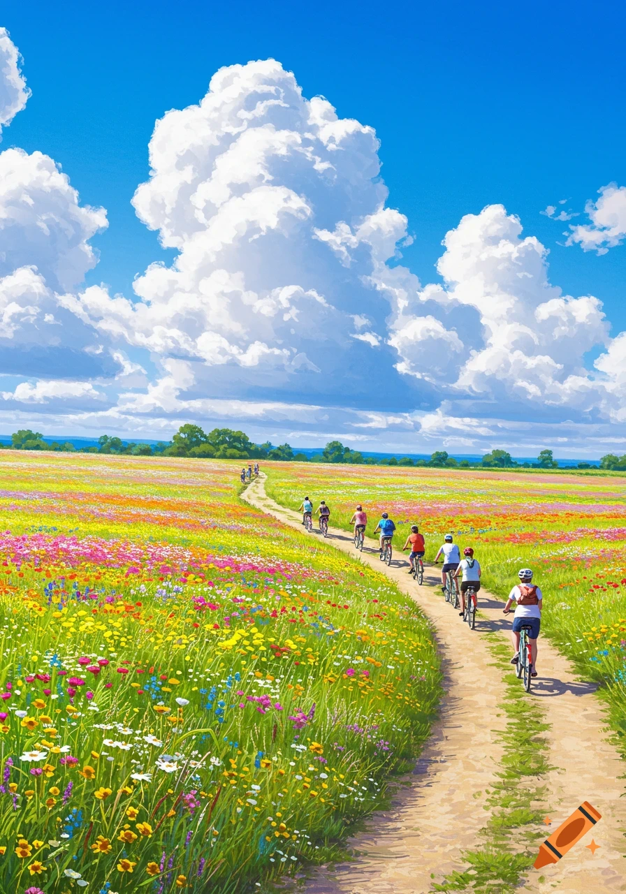 Cyclists ride a dirt path through a vibrant wildflower field under a blue sky with fluffy white clouds.