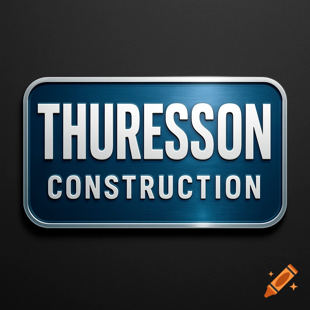 Metallic blue rectangular logo with 'THURESSON CONSTRUCTION' in white text.