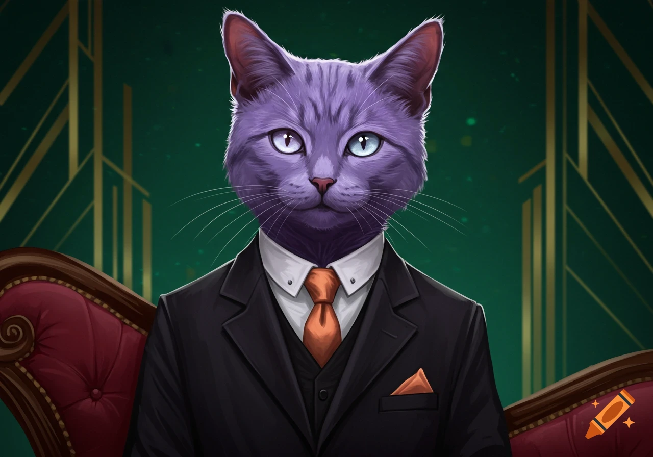 A dapper purple cat in a black suit with an orange tie and heterochromatic eyes against a dark green Art Deco background.
