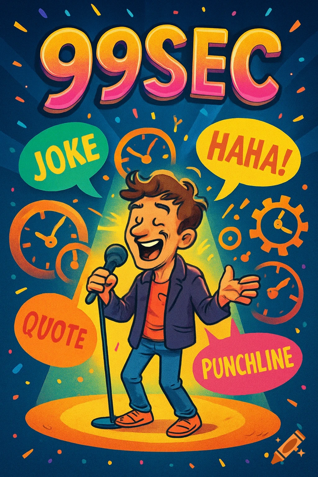 Vibrant cartoon illustration of a stand-up comedian on a stage under a spotlight, with text bubbles "JOKE", "HAHA!", "QUOTE", "PUNCHLINE", and "99SEC" at the top.