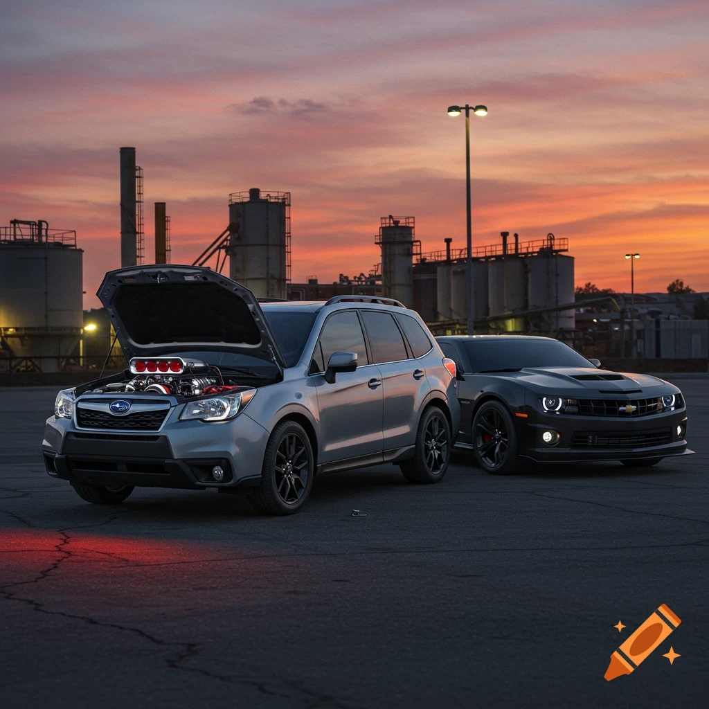 A silver Subaru Forester with its hood open, revealing a large engine, parked next to a black Chevrolet Camaro ZL1 at sunset in an industrial area.