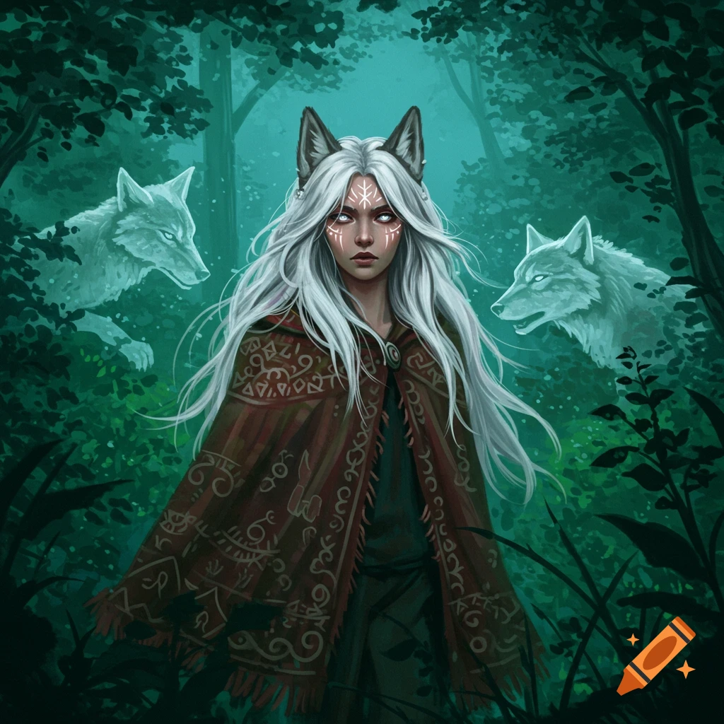 A white-haired woman with wolf ears, glowing eyes, and tribal face paint, wearing a patterned cloak, stands in a dark forest flanked by two spectral wolves. Digital illustration.