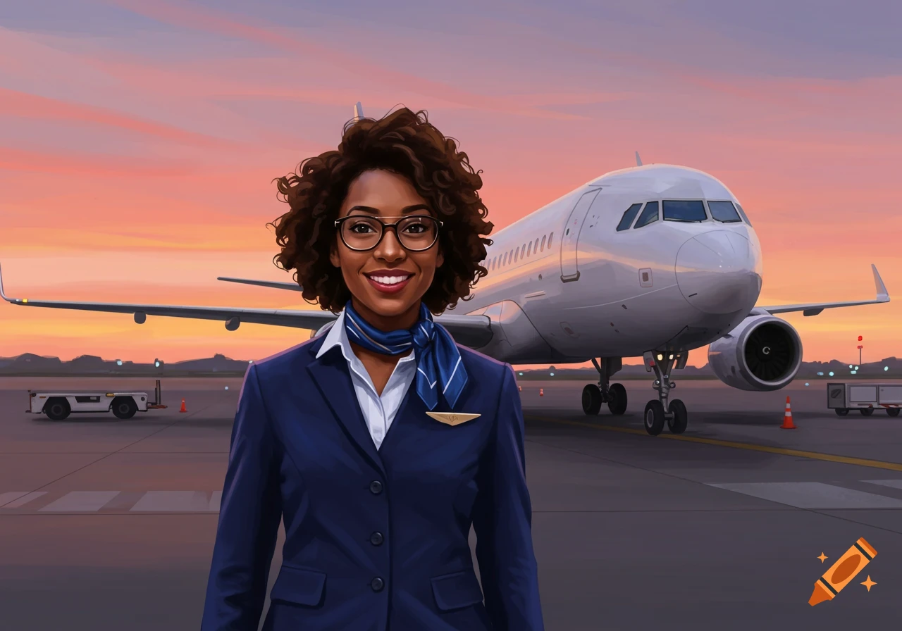 An illustration of a smiling woman with curly hair and glasses in a stewardess uniform, standing on an airport tarmac with a large airplane behind her at sunset.