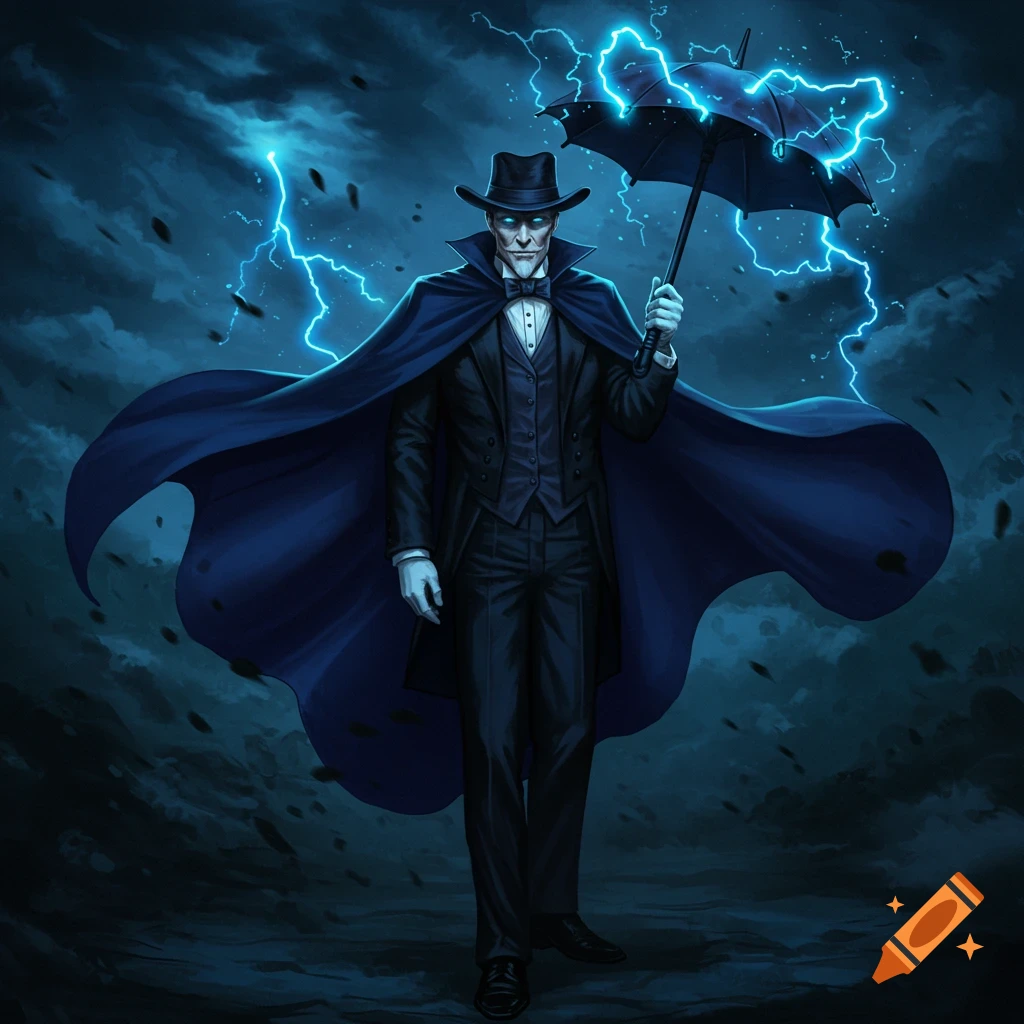 A mysterious man in a tuxedo, top hat, and flowing blue cape holds an umbrella sparking with blue lightning against a stormy sky.