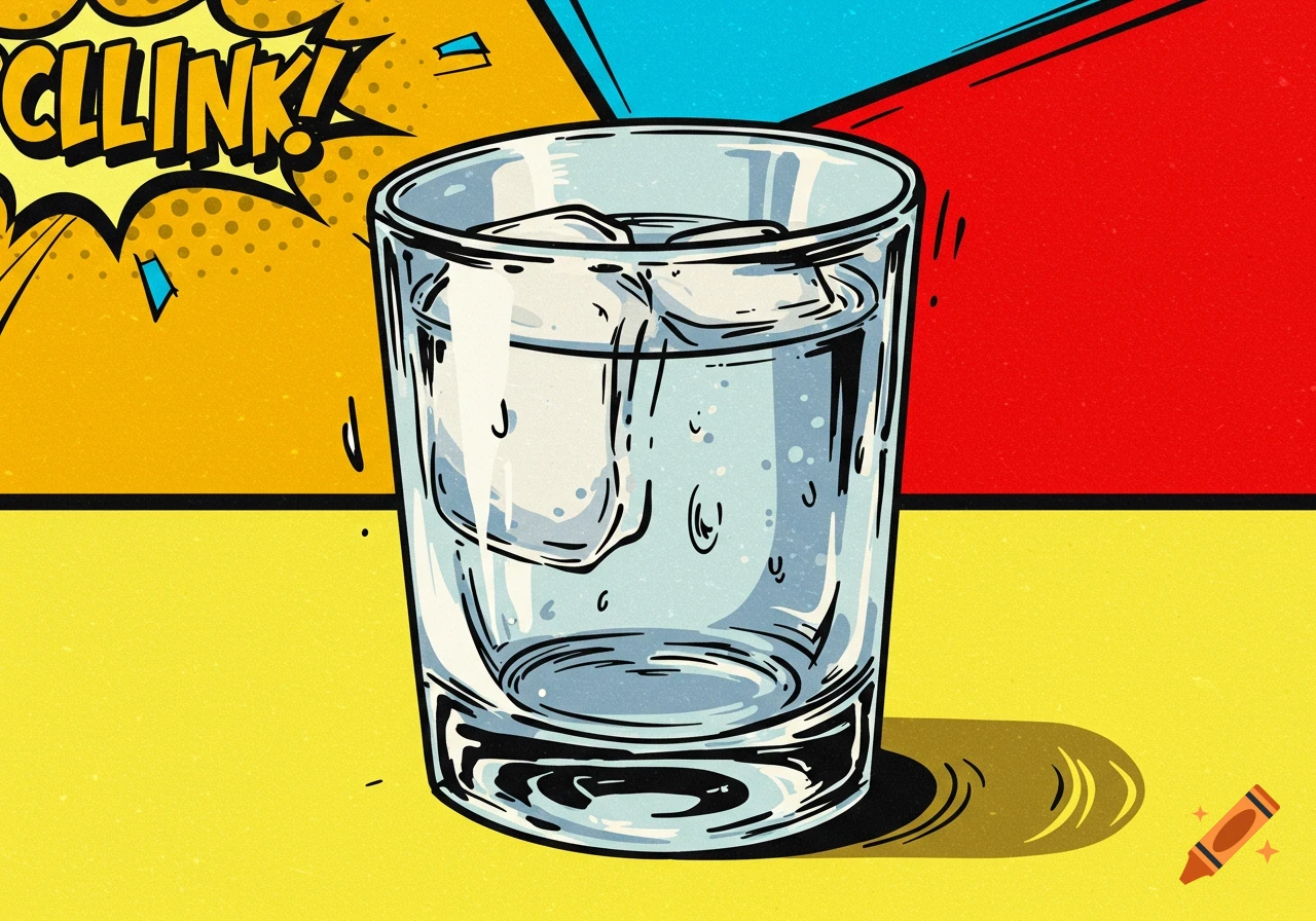 A comic art illustration of a glass of water with ice, against a Pop Art background with a 'CLLINK!' speech bubble.