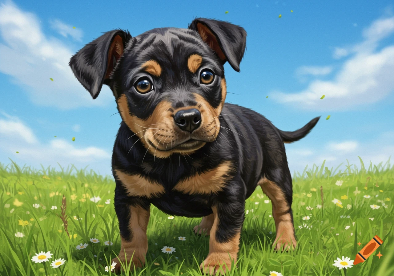 An adorable black and tan puppy with big eyes stands in a vibrant green field under a clear blue sky, in a charming illustrative style.