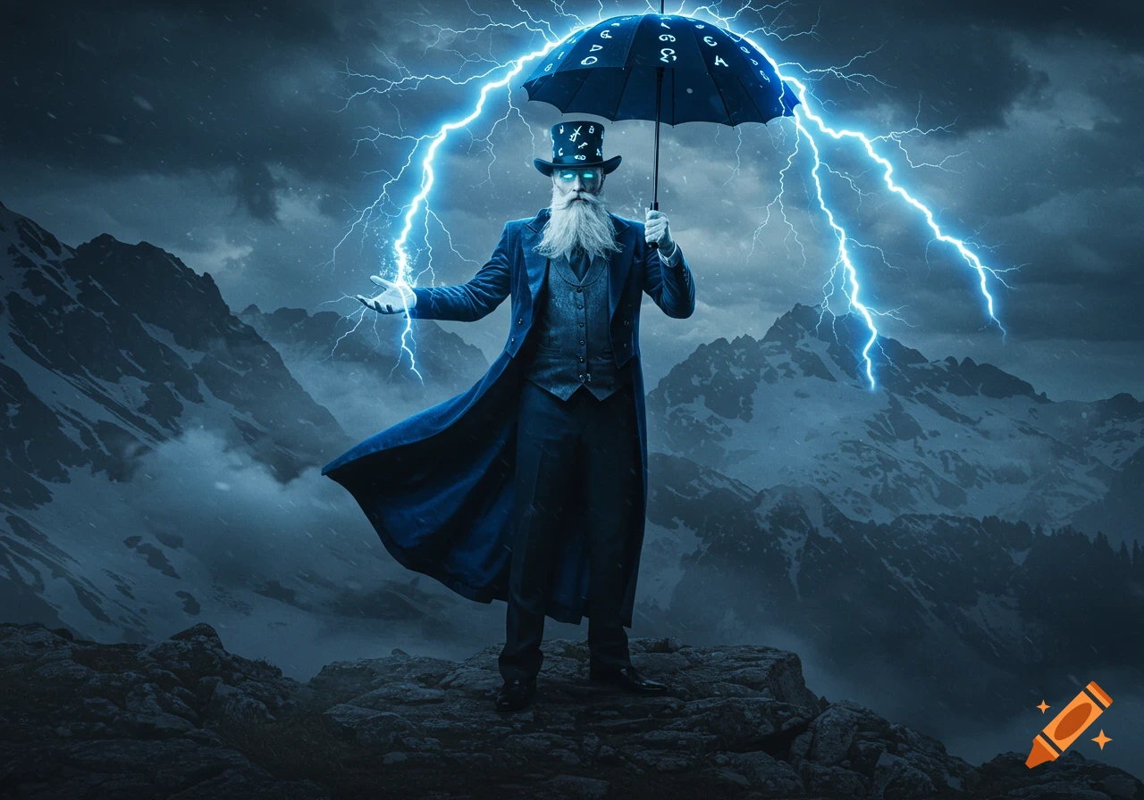 A wizard with a long white beard, glowing blue eyes, blue coat, and top hat stands on a mountain peak, holding a black umbrella from which lightning strikes. Stormy skies in a fantasy landscape.