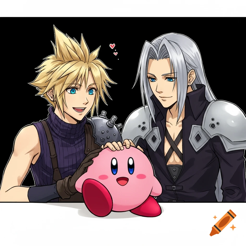 Anime drawing of Cloud Strife and Sephiroth petting a smiling Kirby on a black background.