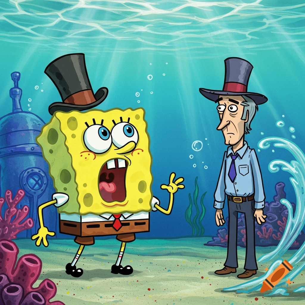 Spongebob with a top hat yells at a cartoon man resembling Sam Carter, also in a top hat, underwater.