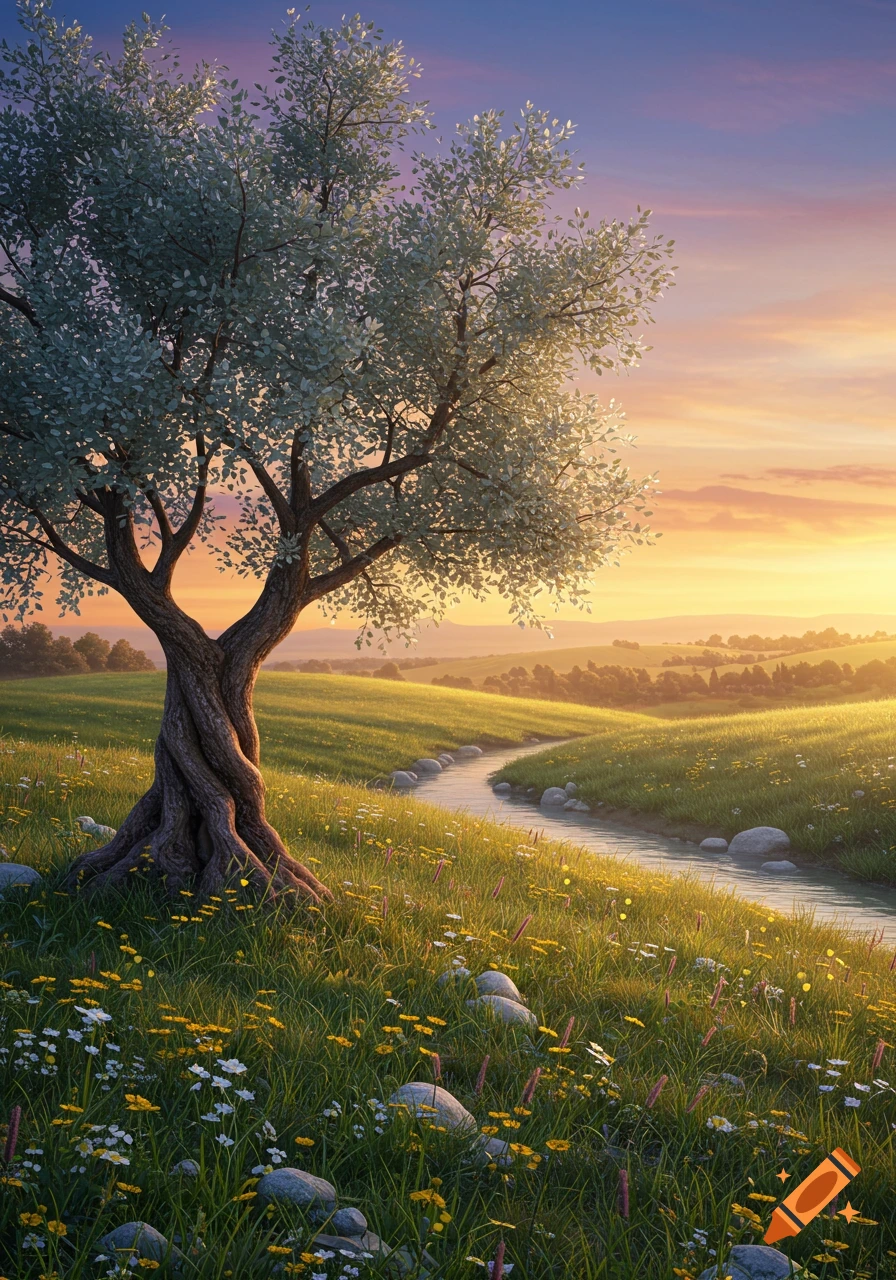 A vibrant landscape at sunset with a large gnarled tree, a winding stream, and rolling green hills covered in wildflowers.