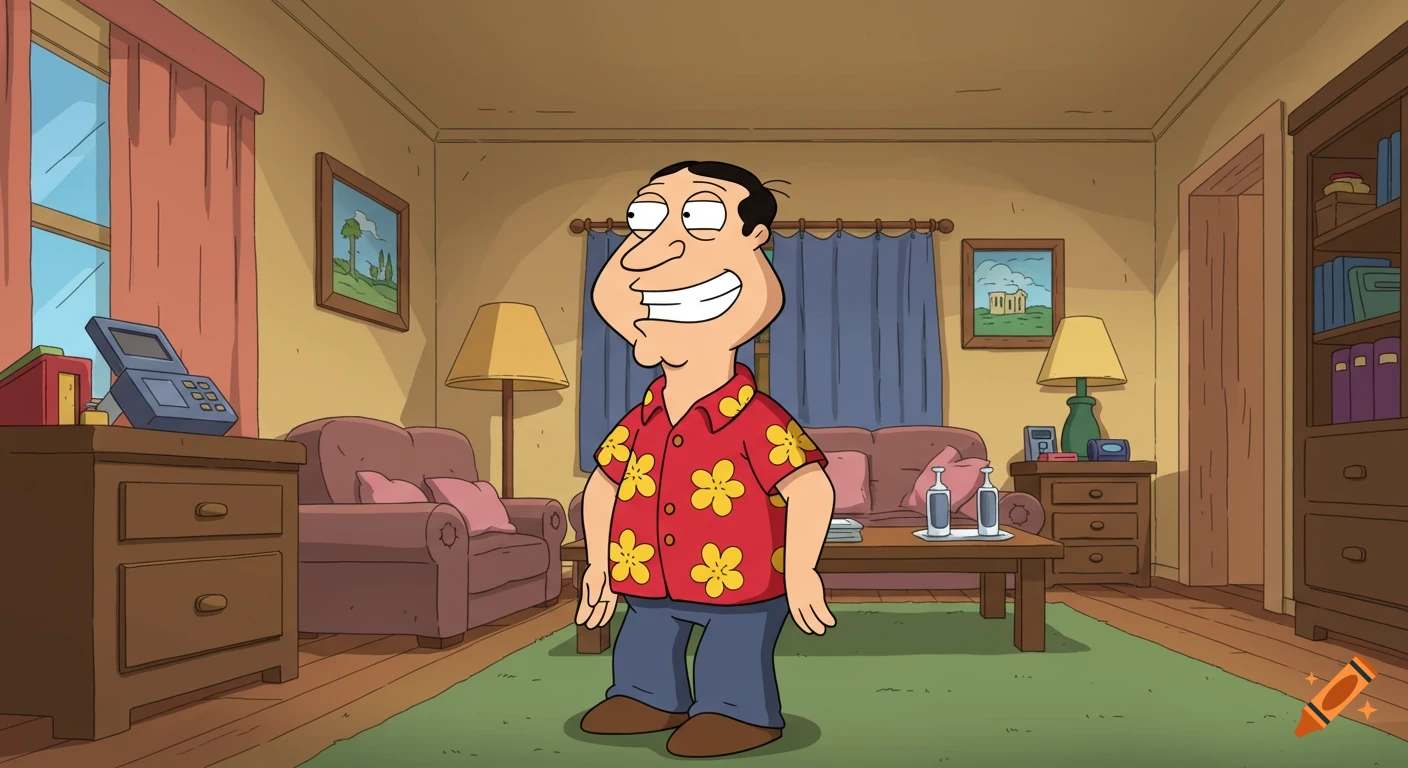 Cartoon character Quagmire from Family Guy, wearing a red Hawaiian shirt and blue pants, stands smiling in a living room.