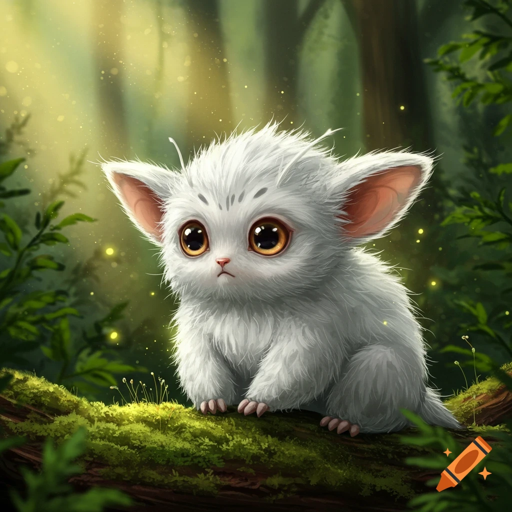 A fluffy, white, big-eyed, big-eared creature sits on a mossy log in a magical forest with glowing particles.
