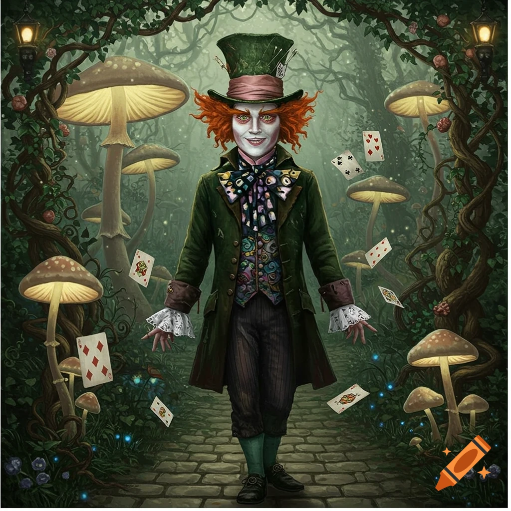 A vibrant illustration of the Mad Hatter from Alice in Wonderland, in a green coat and top hat, standing in a magical forest with glowing mushrooms and floating playing cards.