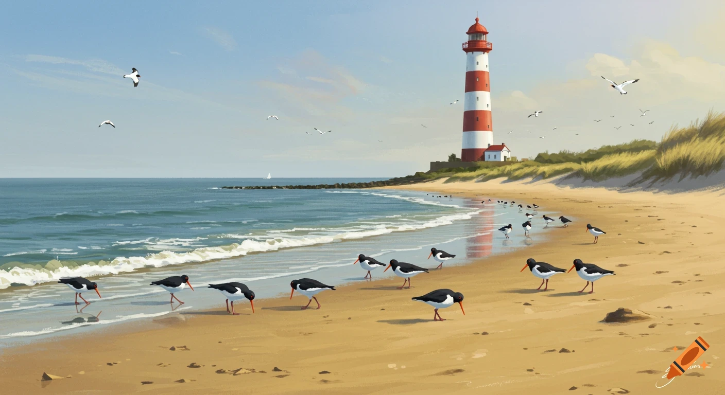 An illustrated beach scene with oystercatcher birds on the sand near the ocean, a red and white lighthouse, and grassy dunes.