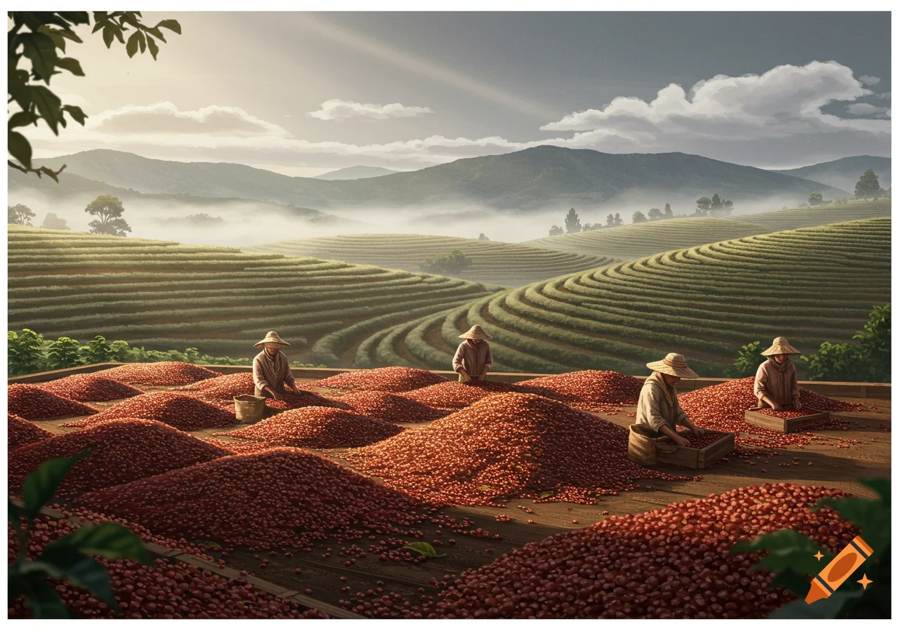 Workers sort coffee beans on a sunlit terraced farm with misty mountains and rolling hills in the background.