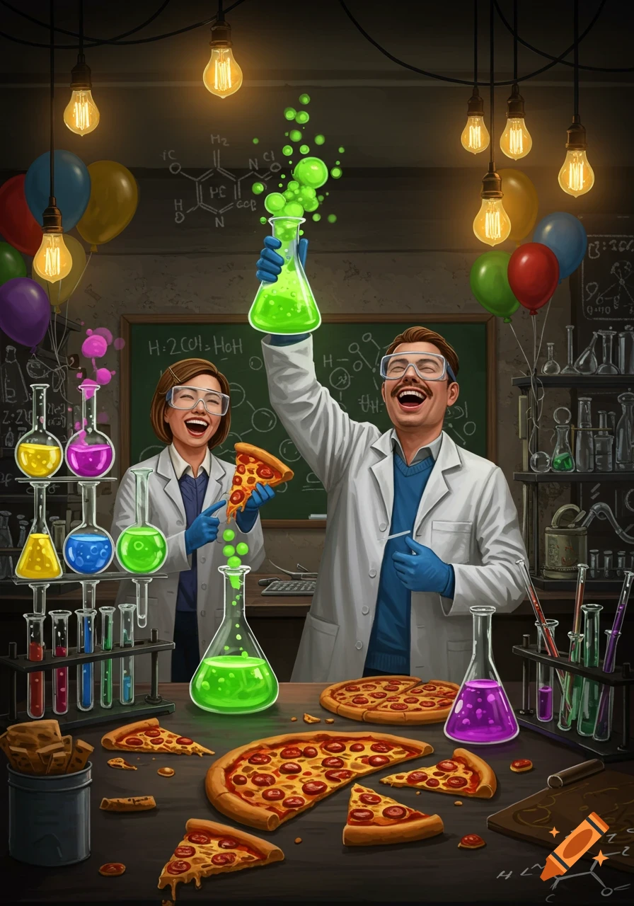 A vibrant illustration of two happy chemists in a lab, celebrating a pizza party amidst colorful beakers and balloons.