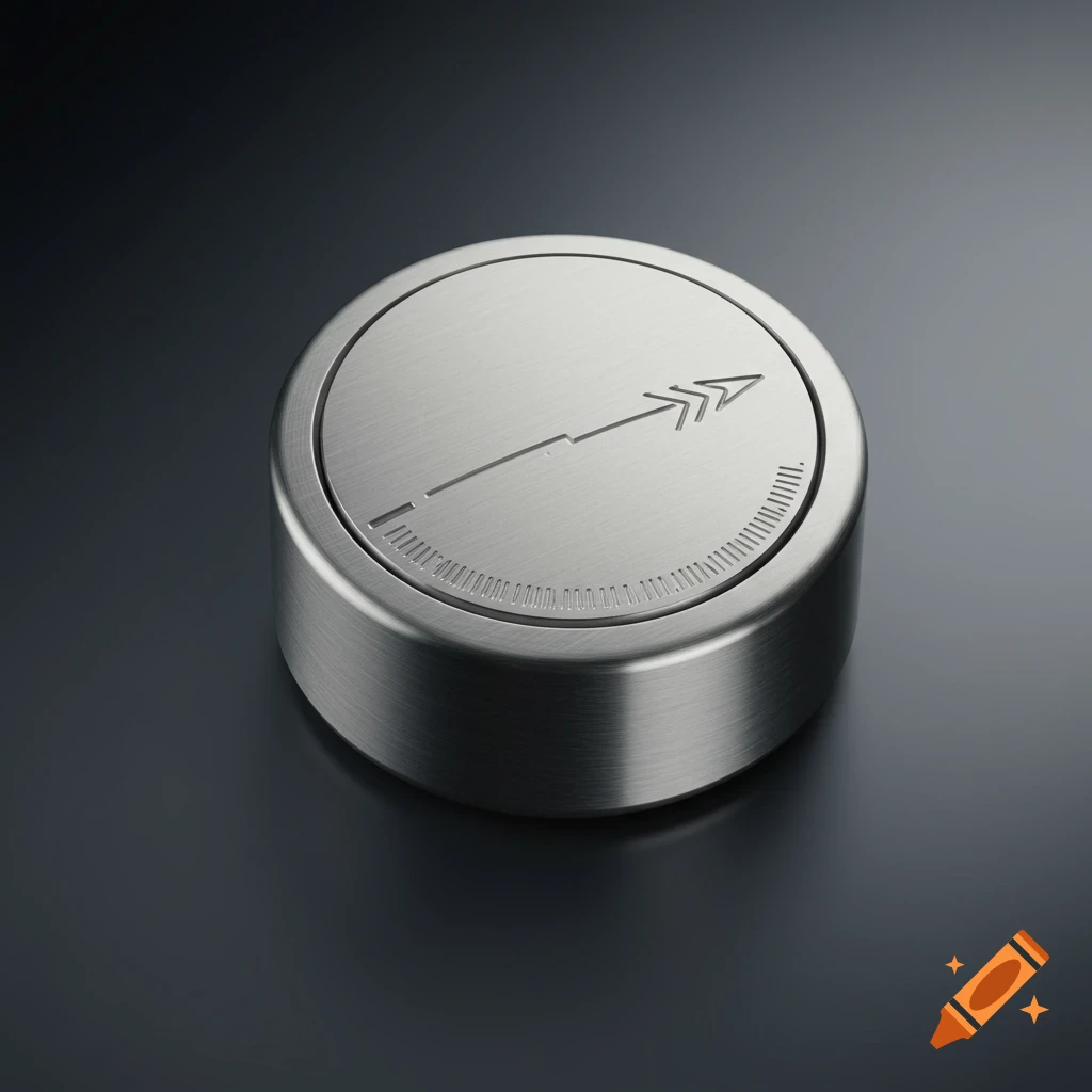 A close-up of a brushed metal knob with an engraved arrow and angle markings on a dark background.