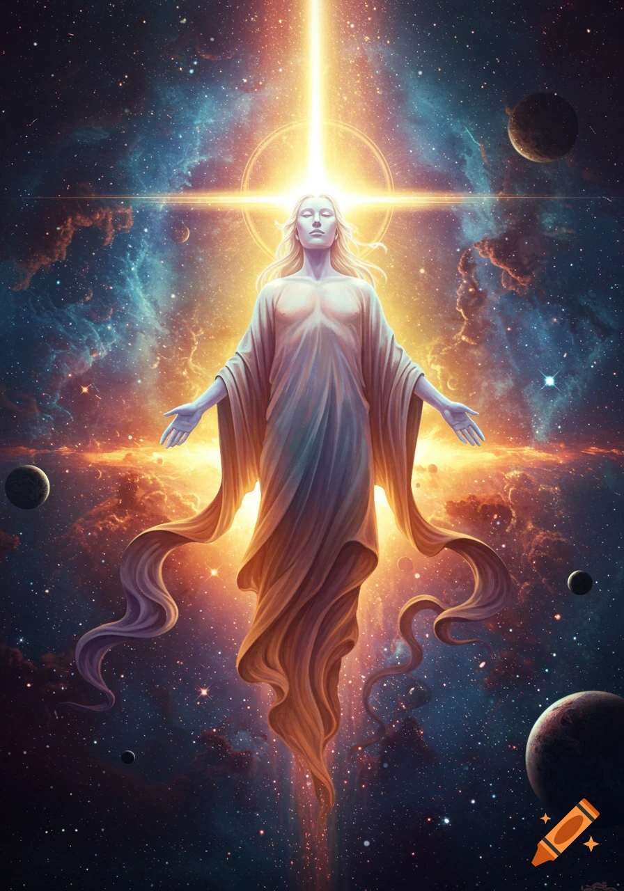 A radiant, ethereal figure with long blonde hair and flowing robes stands with arms outstretched in a vibrant cosmic galaxy with planets.