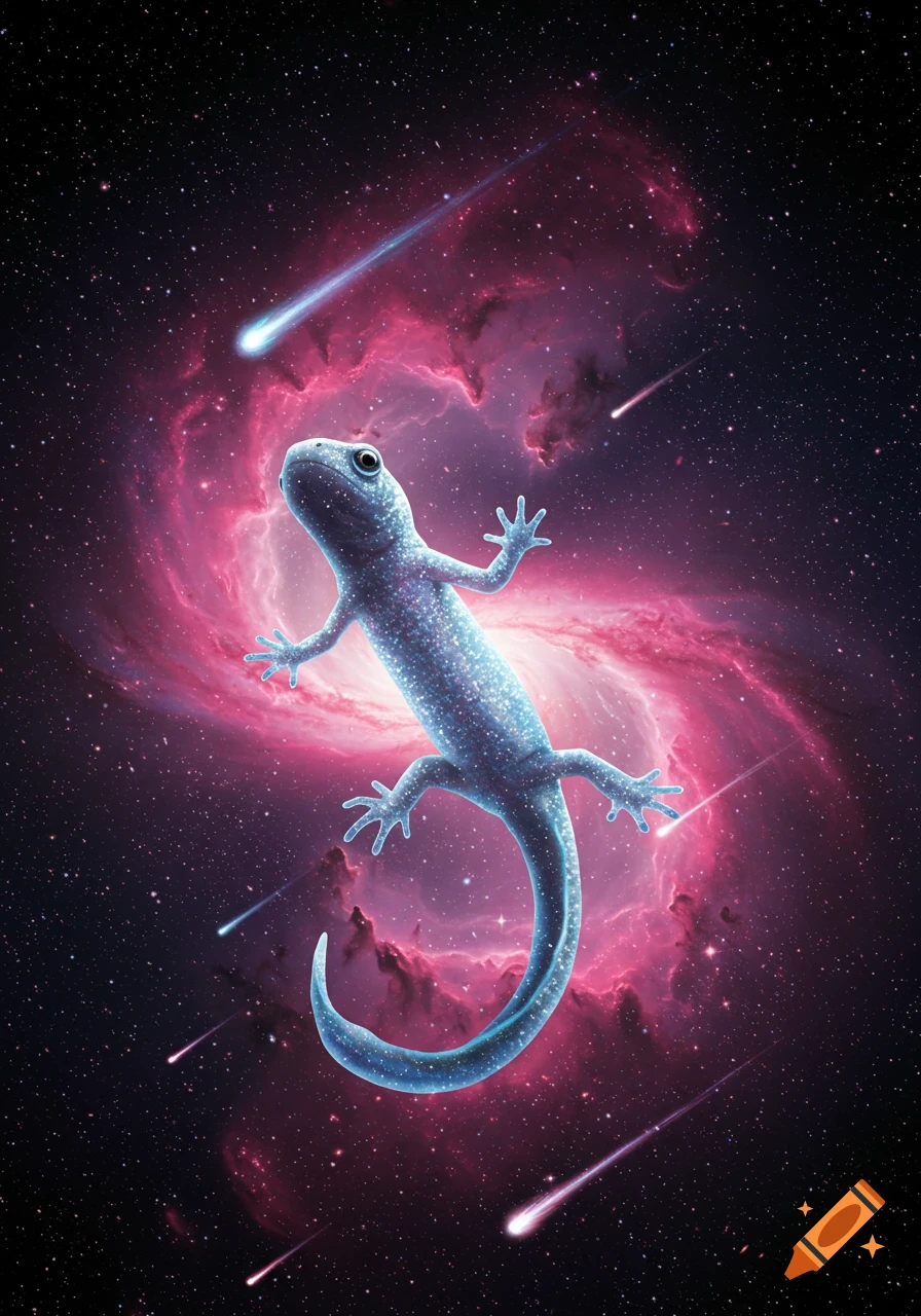 A sparkling blue newt floats in space against a pink nebula and shooting stars.