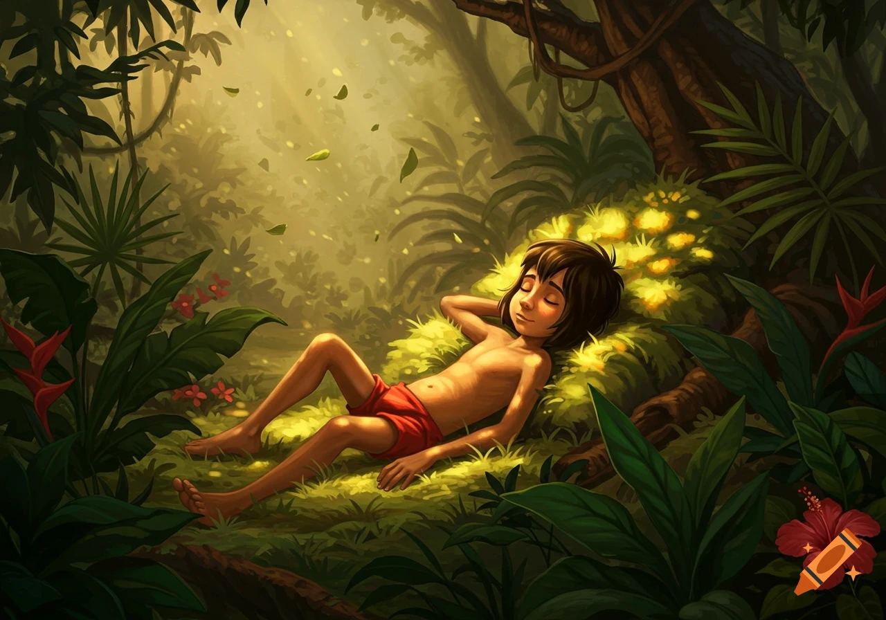Illustrated Mowgli, a young boy, sleeping peacefully amidst lush, sunlit jungle foliage.