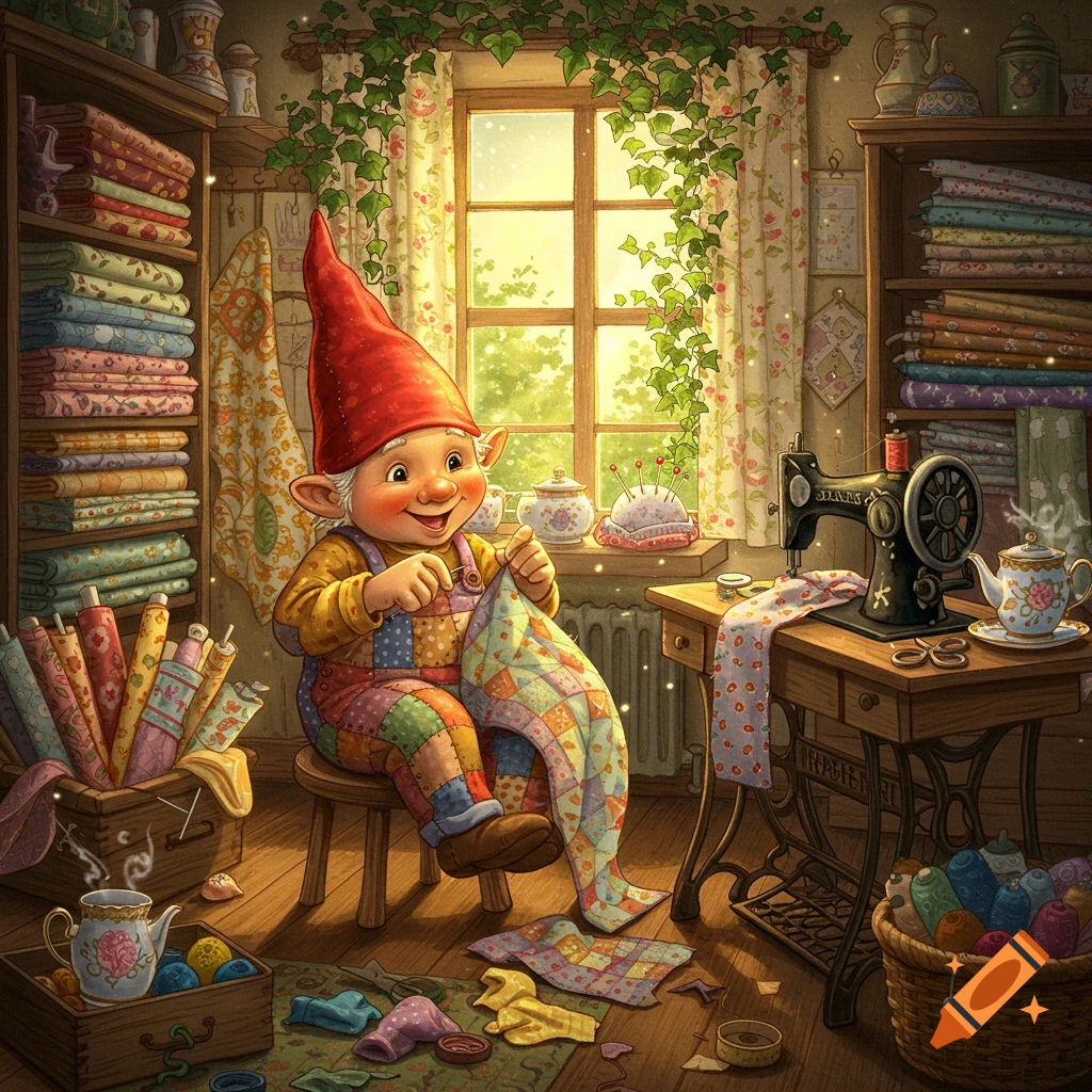 A cute, smiling gnome in a red hat sits in a cozy, whimsical sewing room, stitching a patchwork quilt.