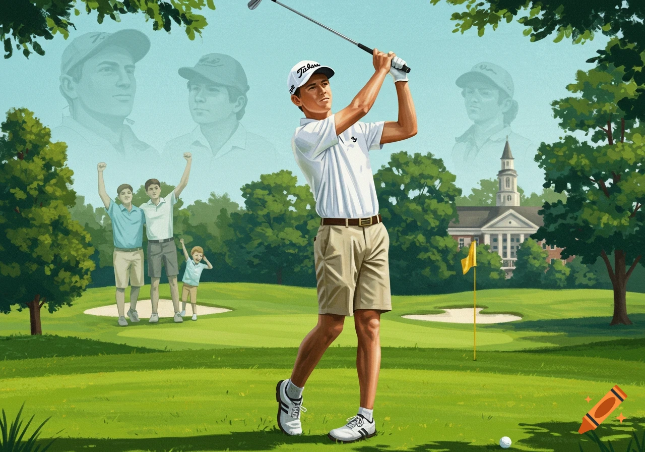 An illustrated scene of a young golfer swinging on a course, with images of family and a school in the background.
