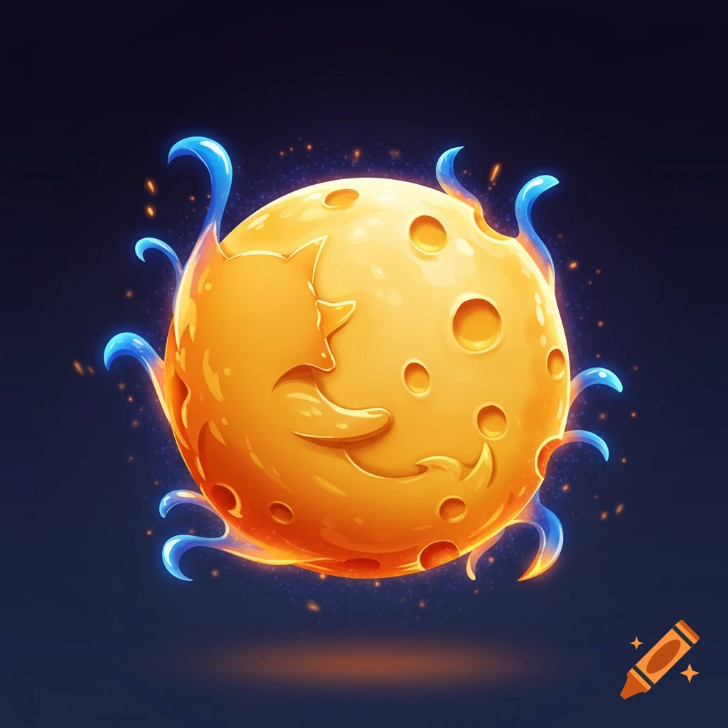 A stylized orange sphere resembling a cheese planet with a fox-like face, surrounded by blue glowing tendrils and orange sparks.