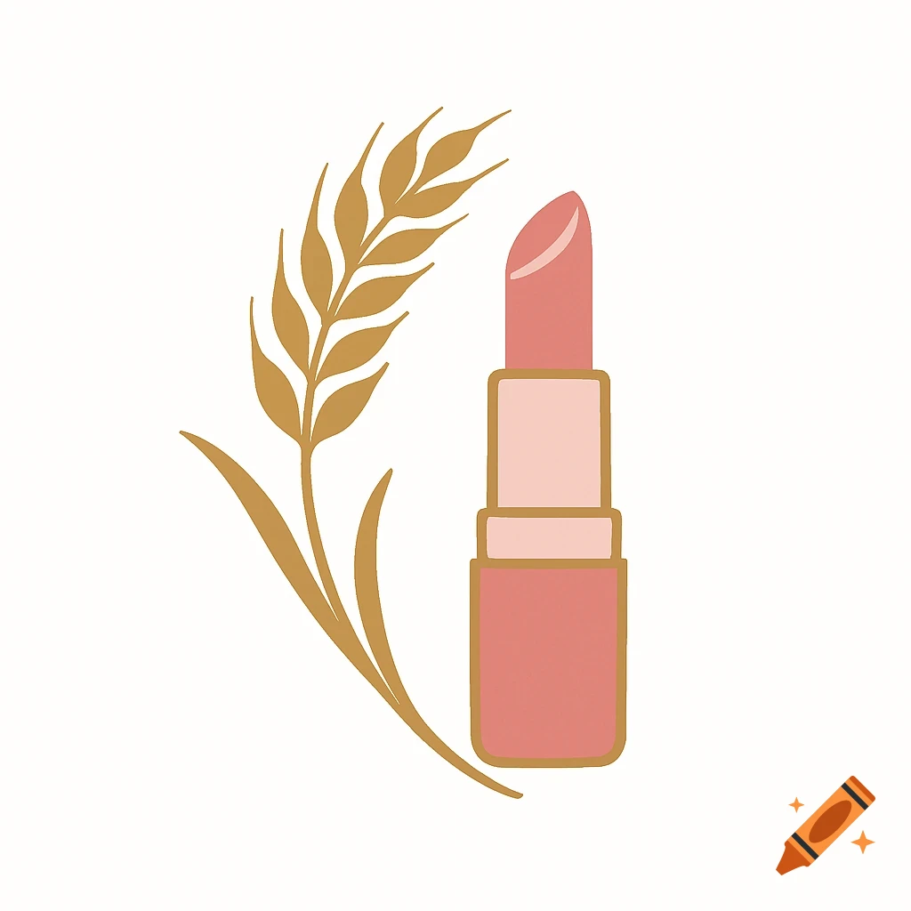 A minimal vector logo featuring a soft golden wheat stalk next to a pink lipstick tube on a clean white background.