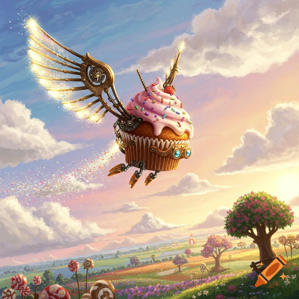 A whimsical mechanical cupcake with gleaming golden wings and goggles flies over a vibrant, candy-filled landscape under a pastel sky.