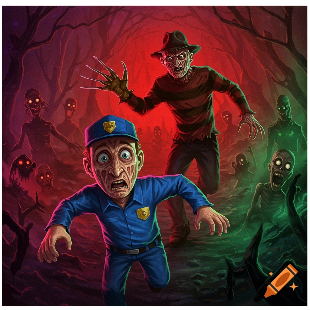 Stylized illustration of Freddy Krueger chasing a man in a blue uniform through a dark, red-lit forest filled with monsters.