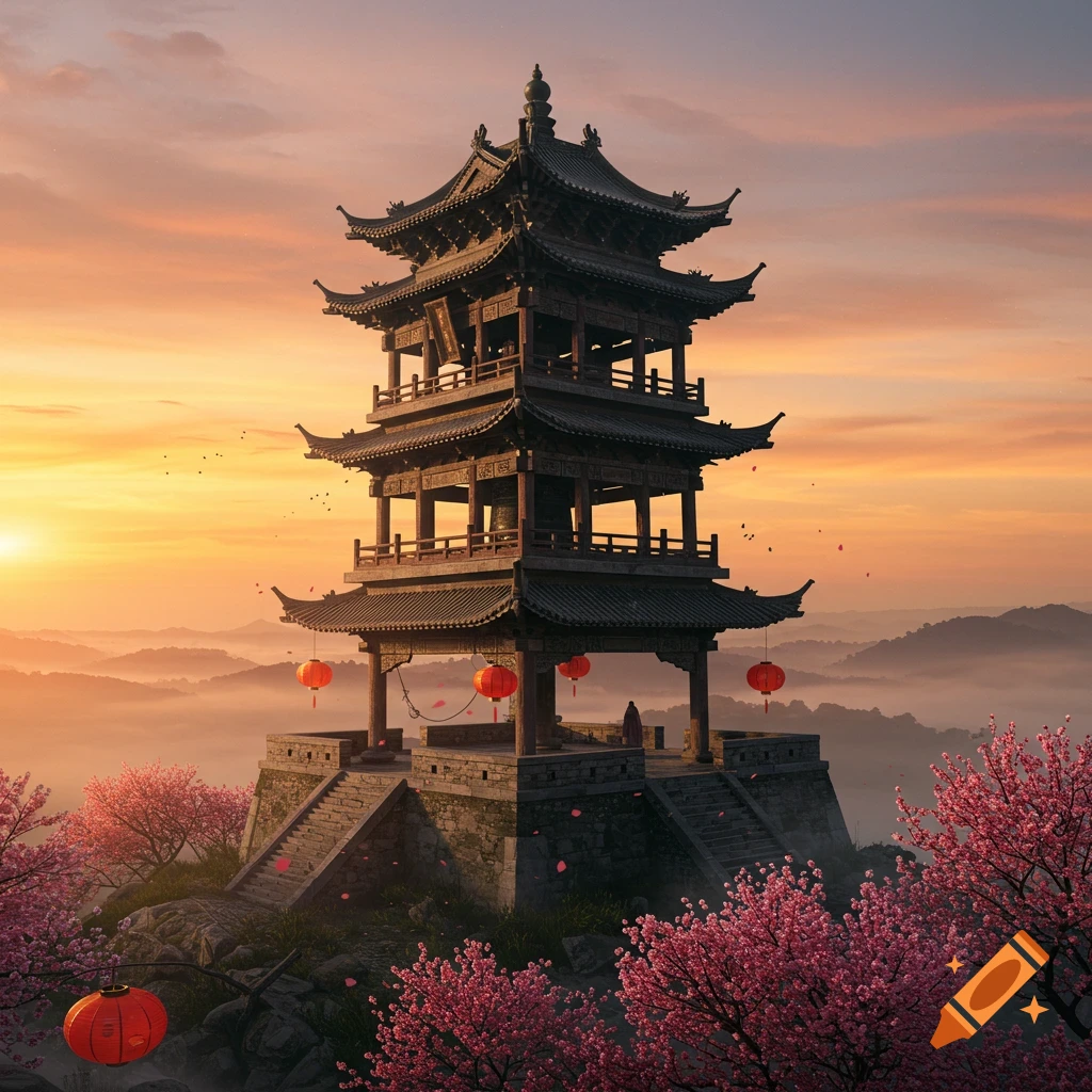 Ancient Chinese pagoda on a mountain at sunset, surrounded by pink cherry blossoms and red lanterns, with misty mountains.