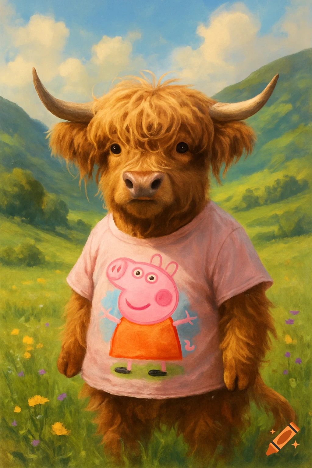 A shaggy Highland cow wearing a pink Peppa Pig t-shirt stands in a green, grassy field with yellow and purple flowers, painted.