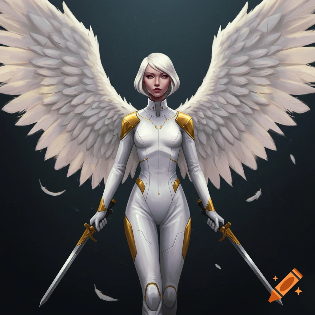 A powerful female warrior with large white wings, dressed in a white and gold sci-fi suit, holding two swords.