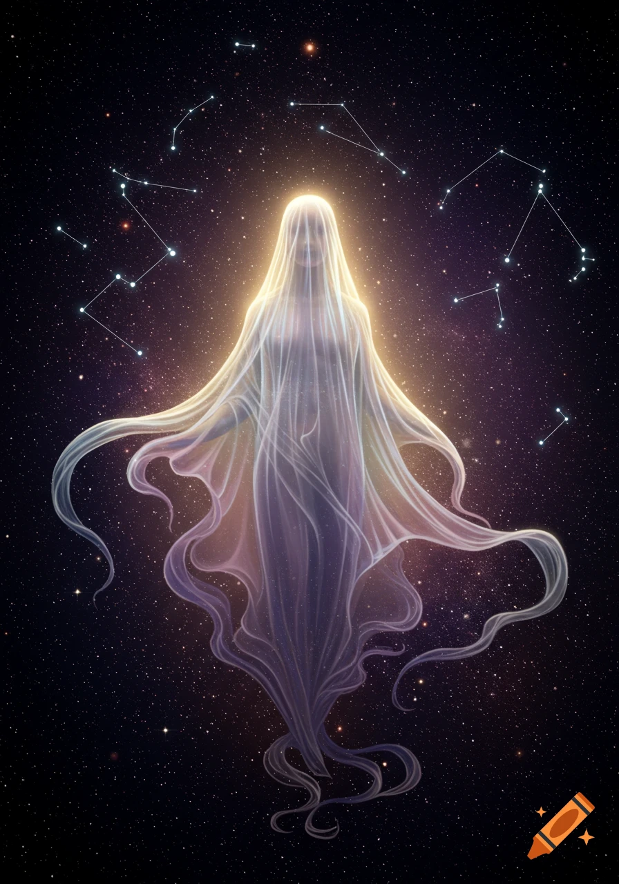 A glowing, veiled figure stands centered against a dark, star-filled cosmic background with constellations.