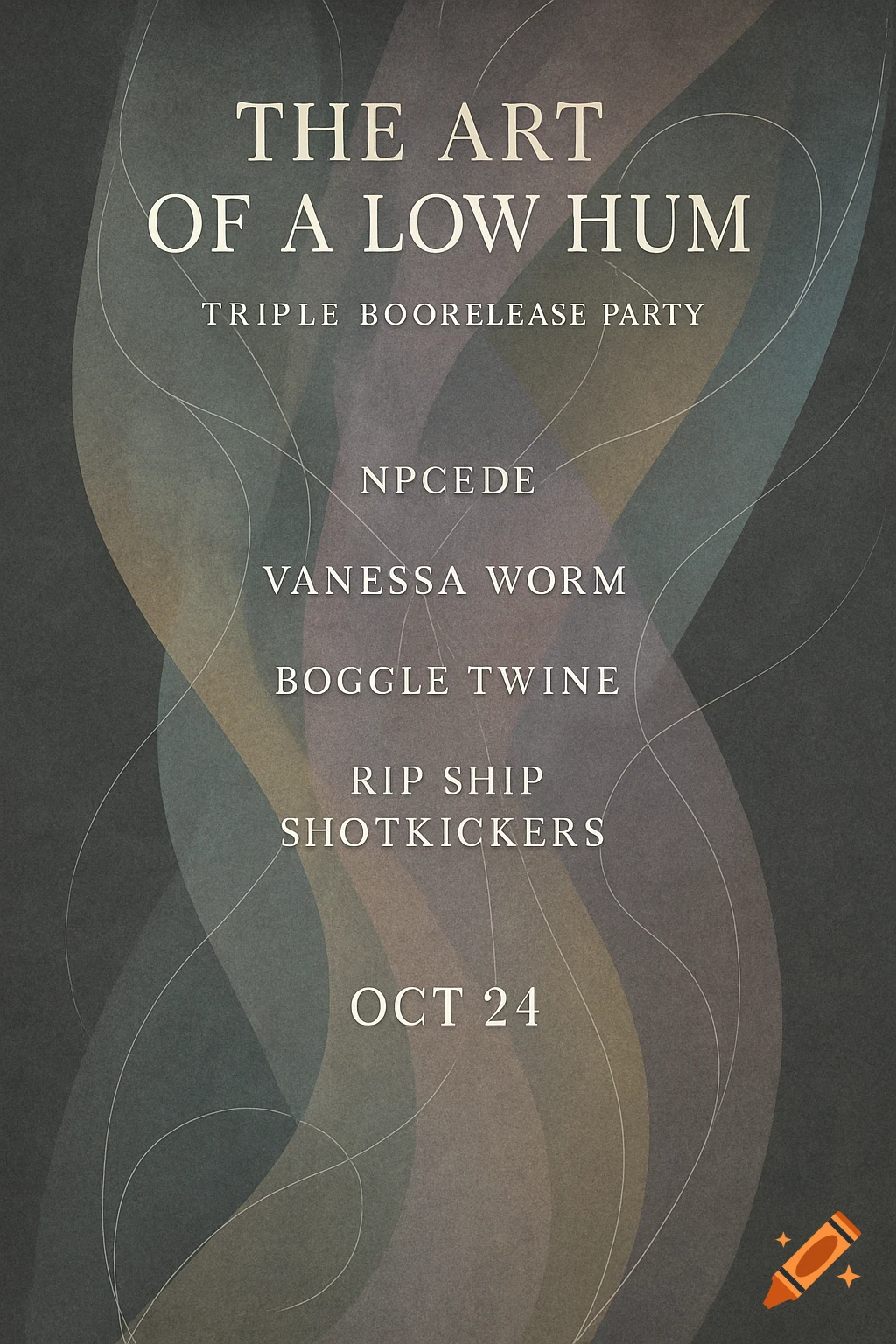 A poster with a dark background and swirling abstract shapes in muted colors, featuring white text announcing 'The Art of a Low Hum Triple Boorelease Party' and other details.