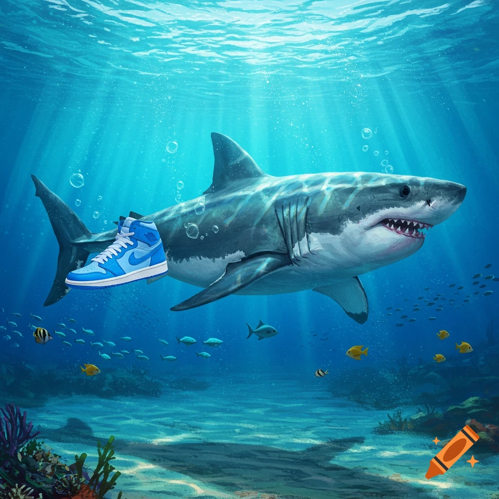 An illustrated great white shark swims underwater with a blue Air Jordan sneaker by its side, surrounded by fish and coral.